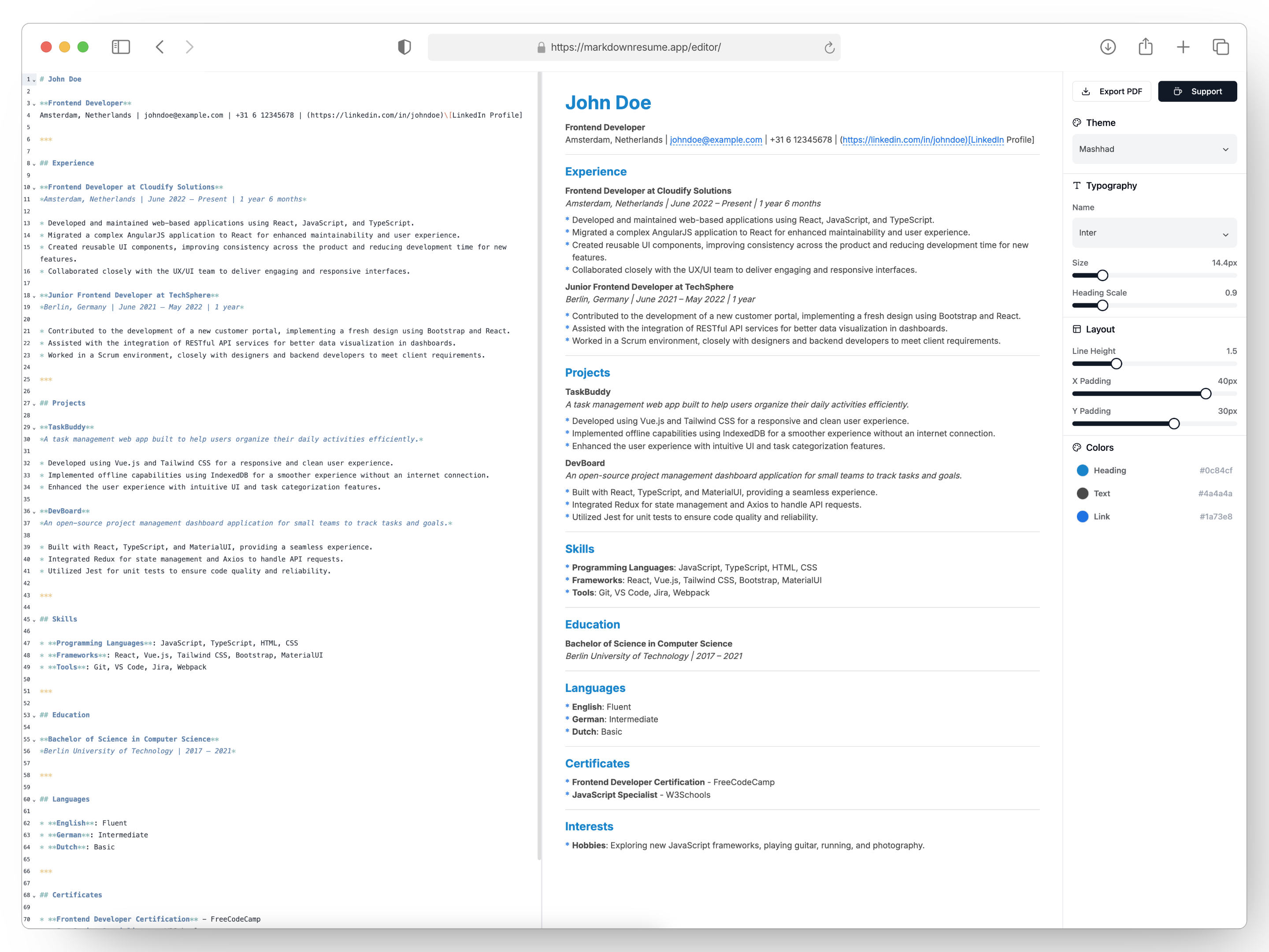 markdownresume.app — write your resume in Markdown and export a polished, ATS-friendly PDF